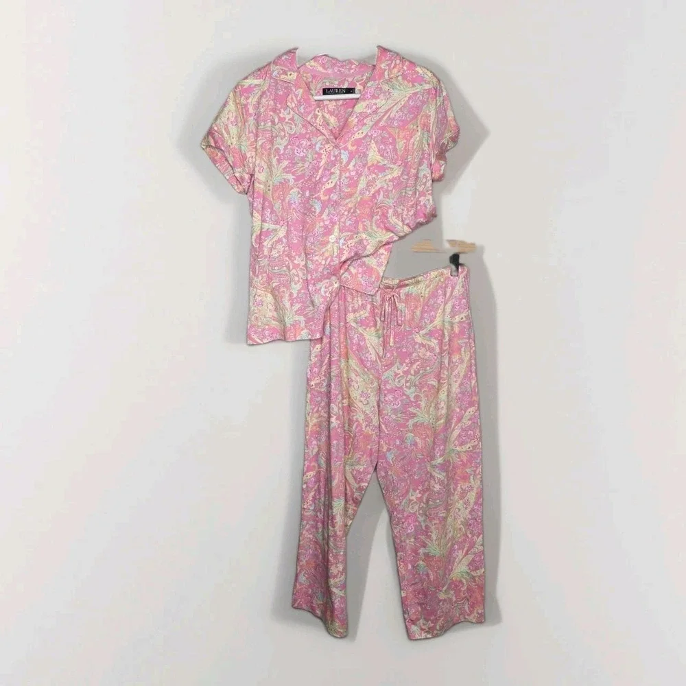 New RALPH LAUREN 2PC Pajama Set Pink Paisley Floral Short Sleeve Capri Pant